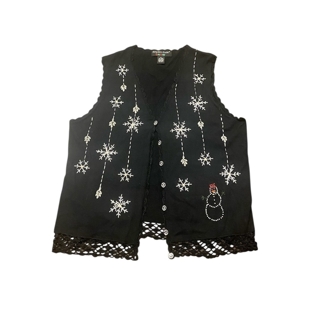 Vtg Hampshire Studio Snow Christmas Sweater Vest XL Snowman Beaded Black Lace